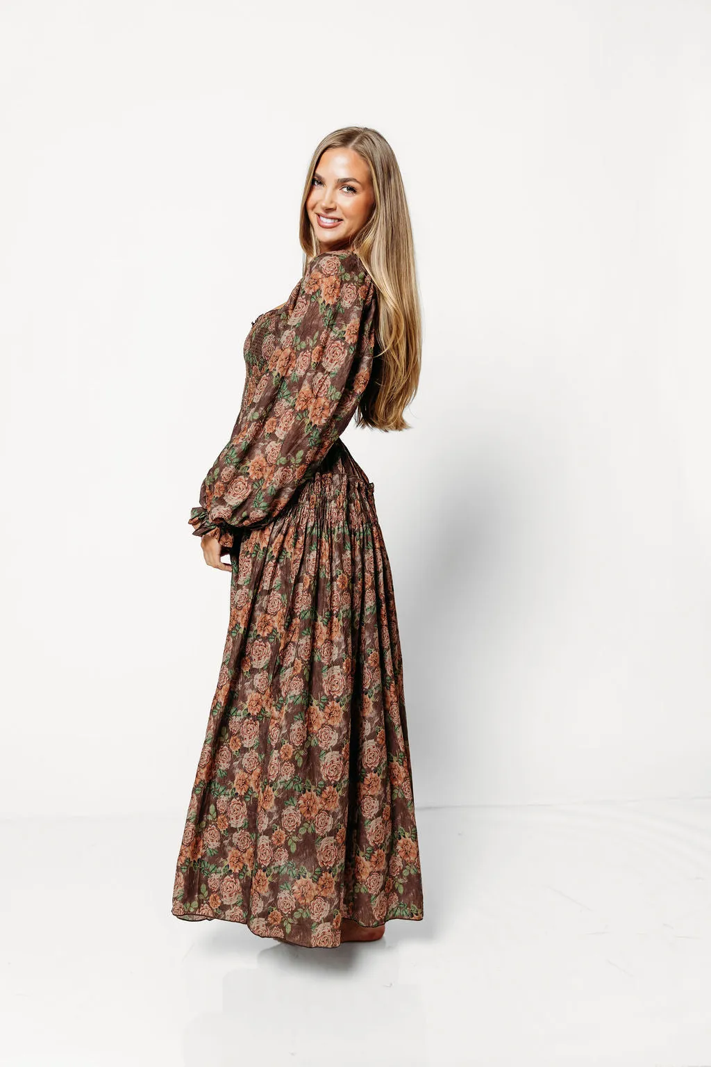Blaine Smocked Floral Maxi Dress in Brown - Bump Friendly sold by Worth Collective product image thumbnail 5