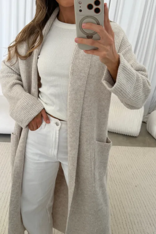 Marnie Ribbed Open Front Knit Longline Cardigan in Light Taupe made by MABLE