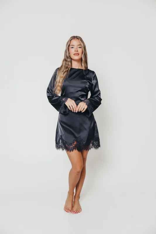 Linny Satin & Lace Long Sleeve Mini Dress in Dark Navy made by Dress Forum
