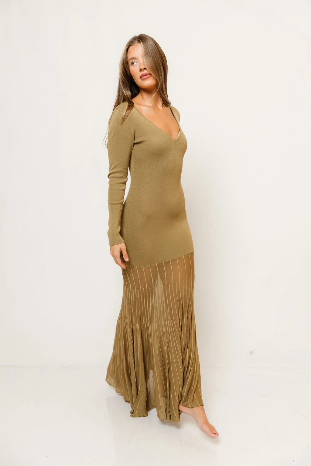 Dana Plunging Long Sleeve Sheer Contrast Knit Maxi Dress in Olive sold by Worth Collective product image thumbnail 3