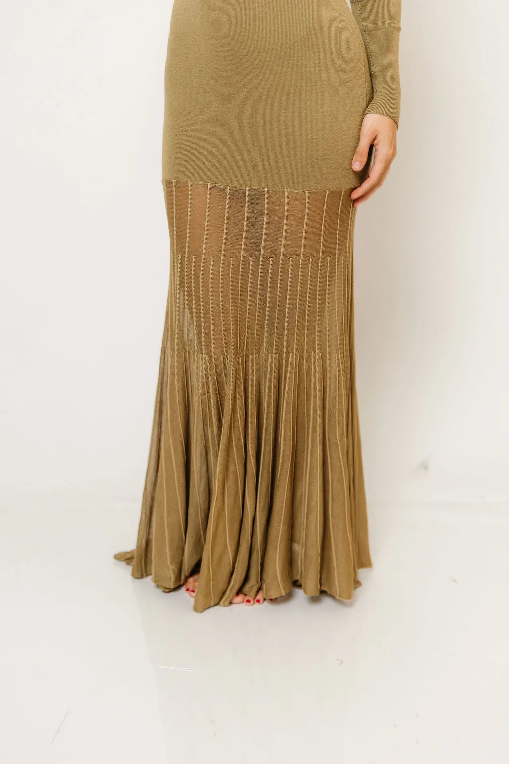 Dana Plunging Long Sleeve Sheer Contrast Knit Maxi Dress in Olive sold by Worth Collective product image thumbnail 5