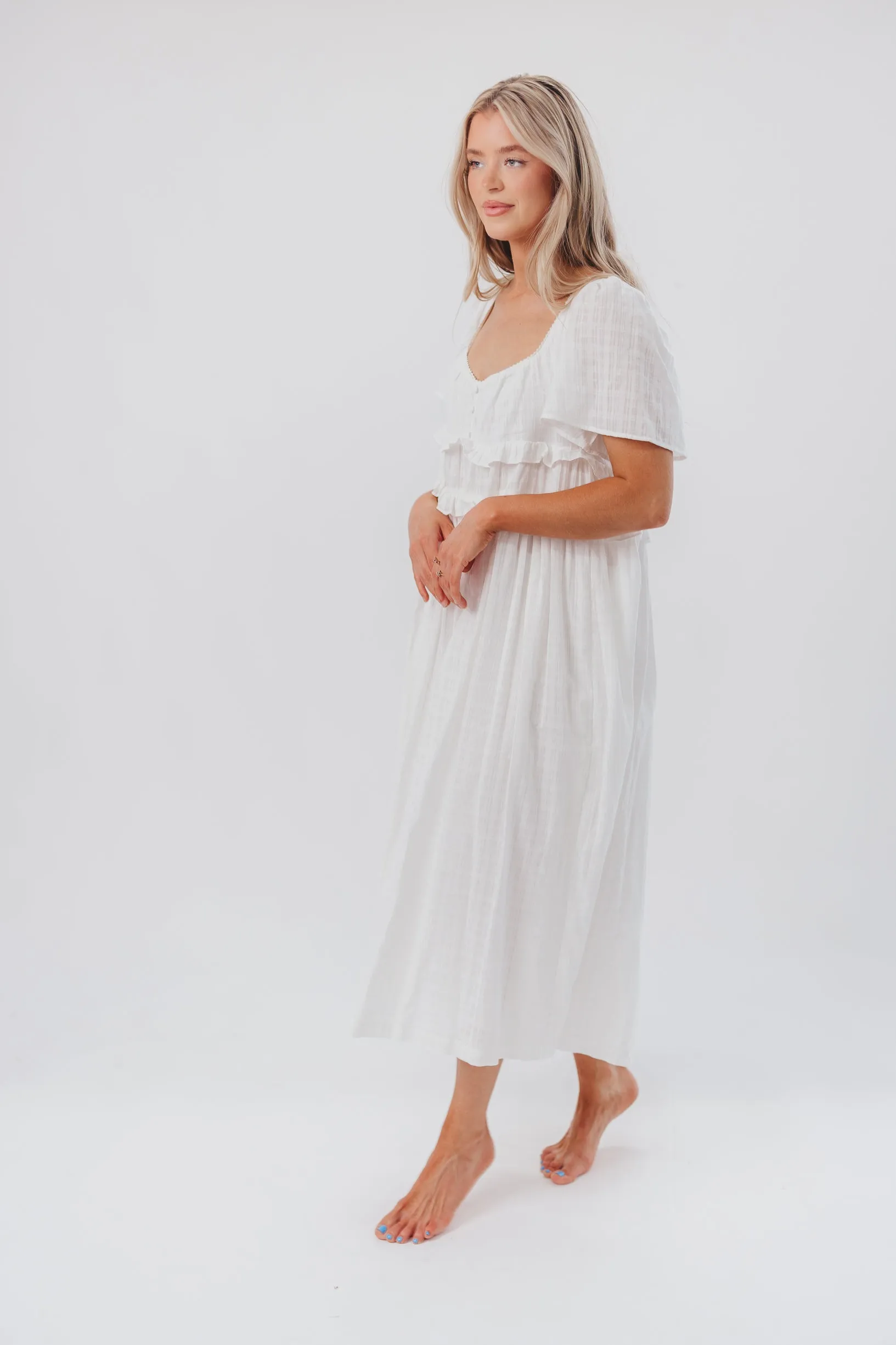 Madeline Empire Waisted Midi Dress with Ruffle Detail in Off-White sold by Worth Collective product image thumbnail 4