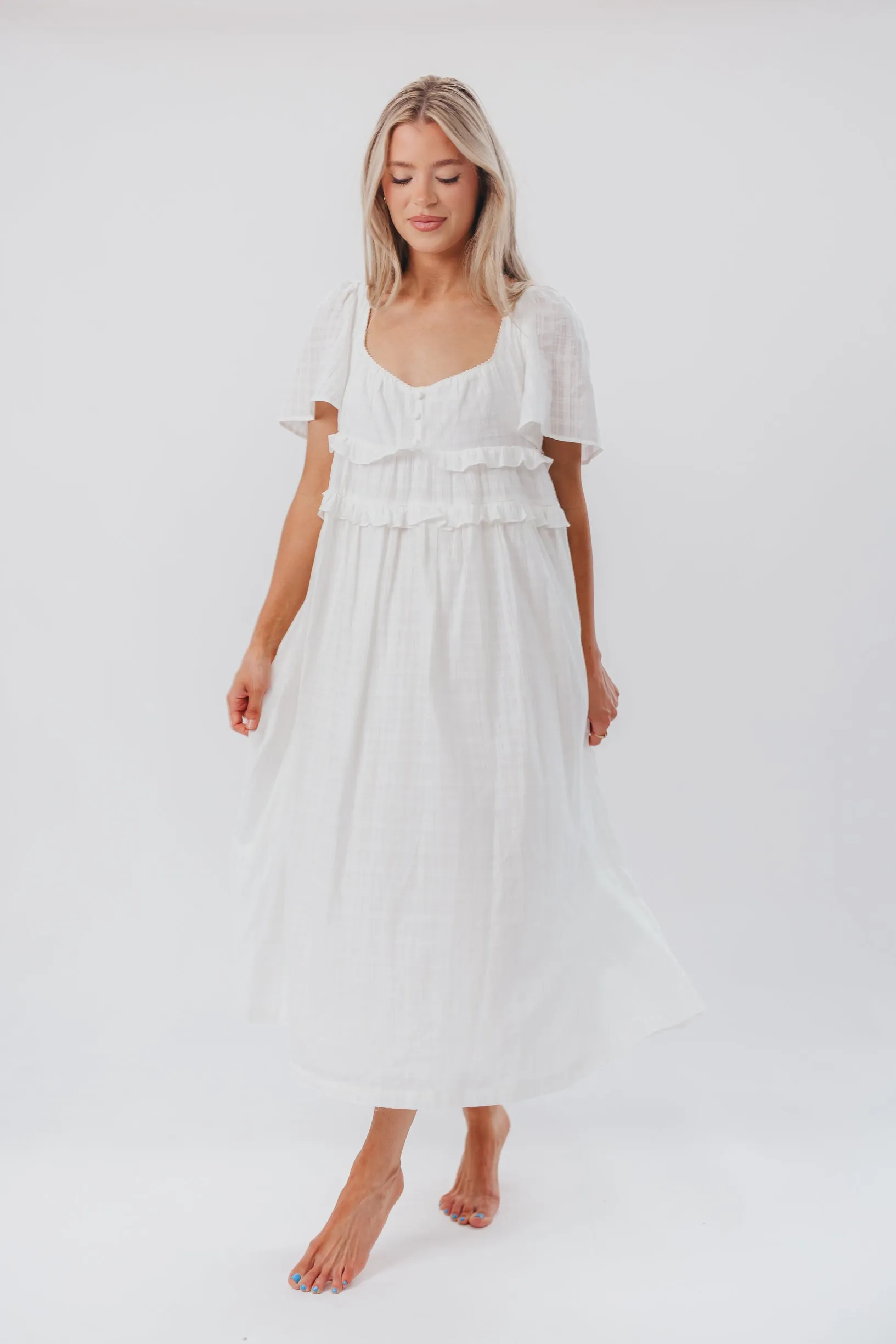Madeline Empire Waisted Midi Dress with Ruffle Detail in Off-White sold by Worth Collective product image thumbnail 3