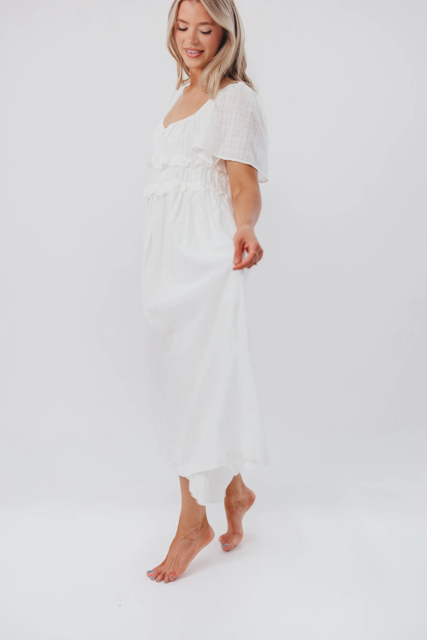 Madeline Empire Waisted Midi Dress with Ruffle Detail in Off-White sold by Worth Collective product image thumbnail 2