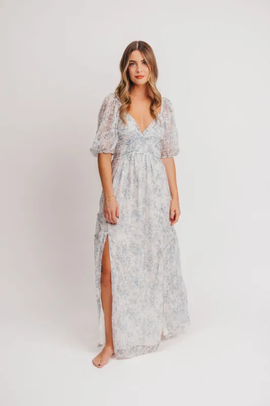 Daphne High Slit Eyelet Detail Maxi Dress in Blue and White Floral - Inclusive Sizing sold by Worth Collective