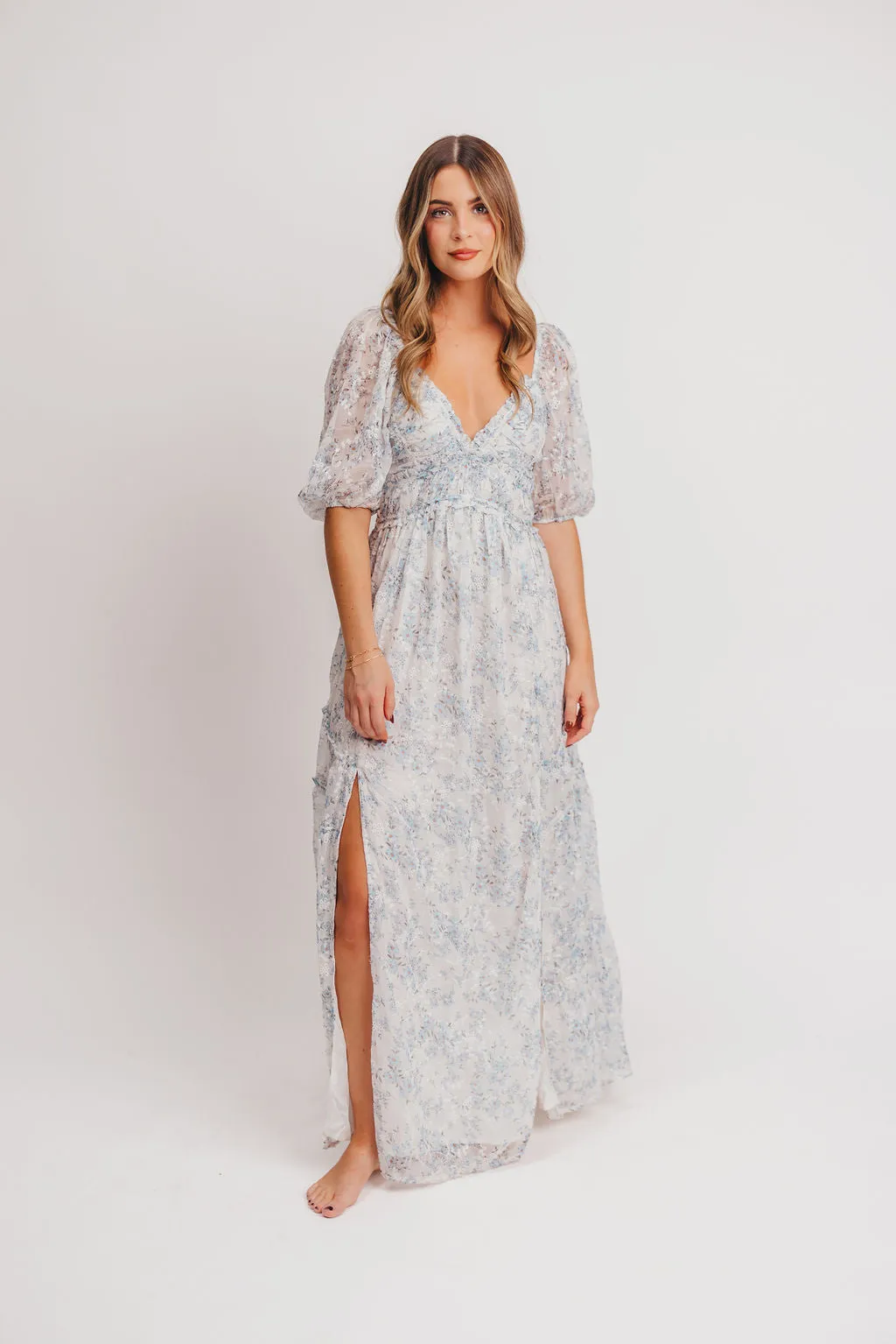 Daphne High Slit Eyelet Detail Maxi Dress in Blue and White Floral - Inclusive Sizing sold by Worth Collective