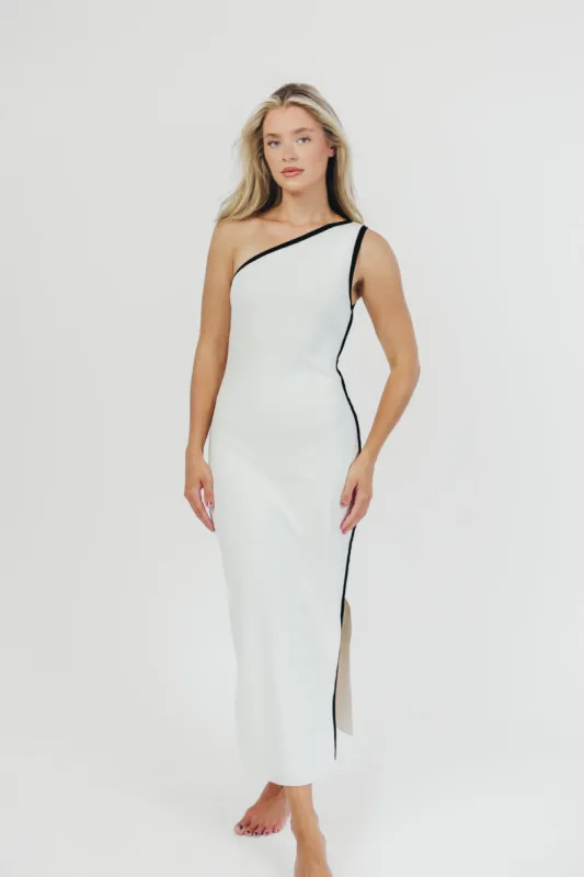 Meredith One-Shoulder Contrast Maxi Dress in White/Black sold by Worth Collective
