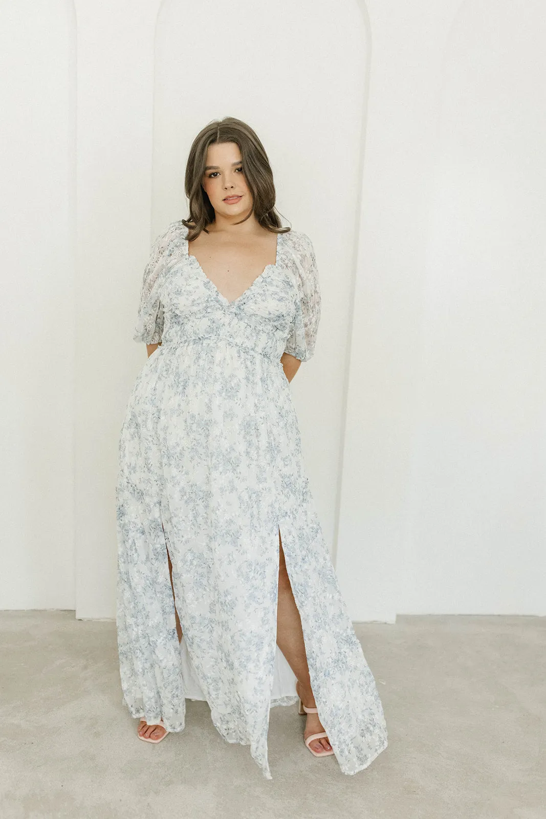 Daphne High Slit Eyelet Detail Maxi Dress in Blue and White Floral - Inclusive Sizing sold by Worth Collective product image thumbnail 3