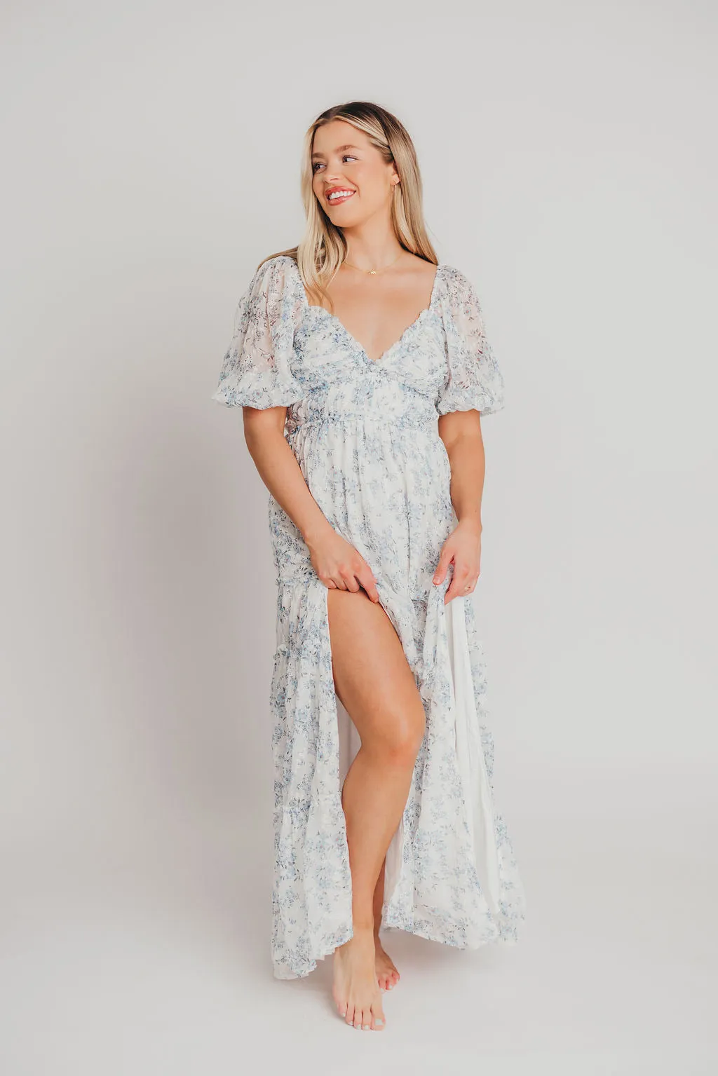 Daphne High Slit Eyelet Detail Maxi Dress in Blue and White Floral - Inclusive Sizing sold by Worth Collective product image thumbnail 2