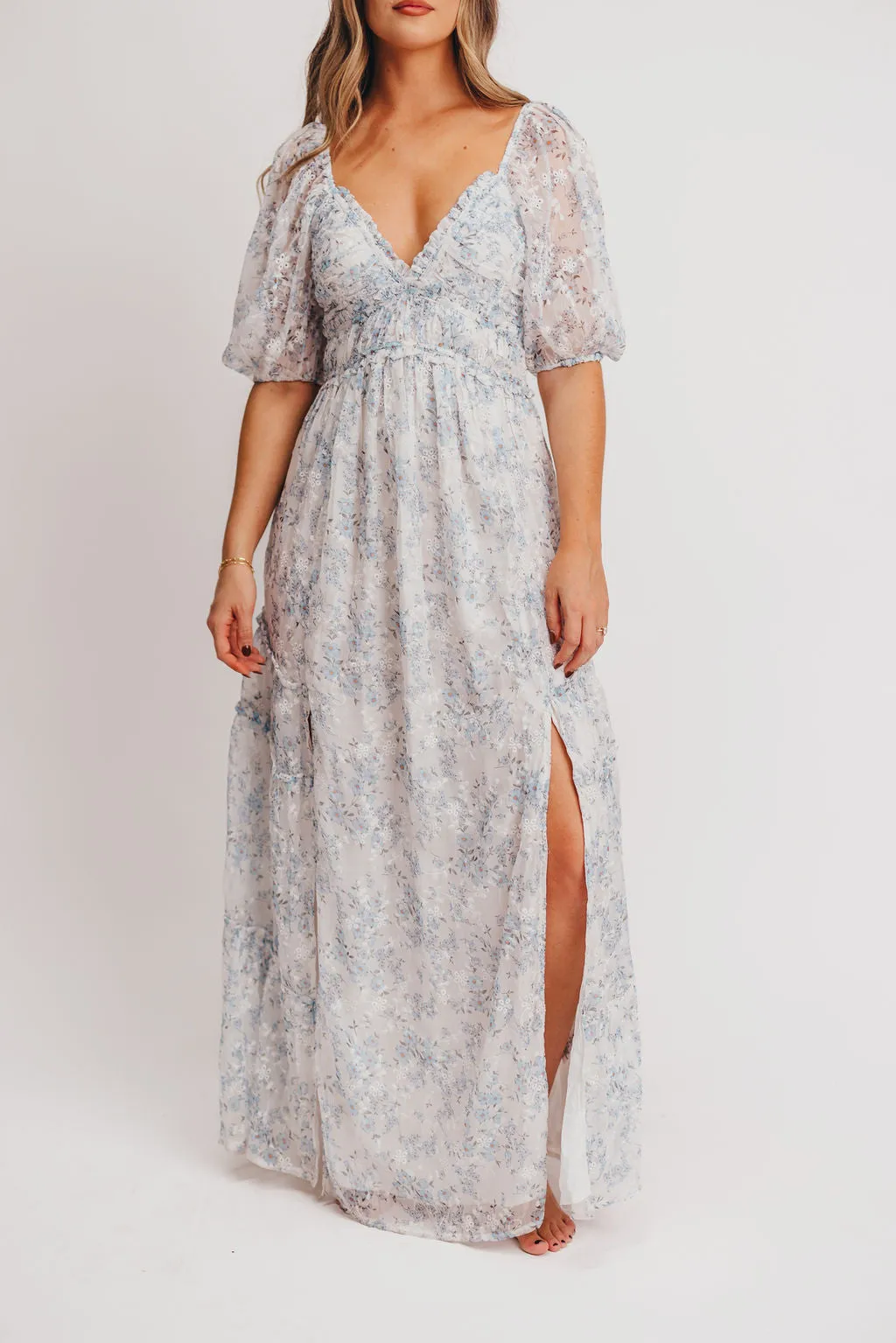 Daphne High Slit Eyelet Detail Maxi Dress in Blue and White Floral - Inclusive Sizing sold by Worth Collective product image thumbnail 5