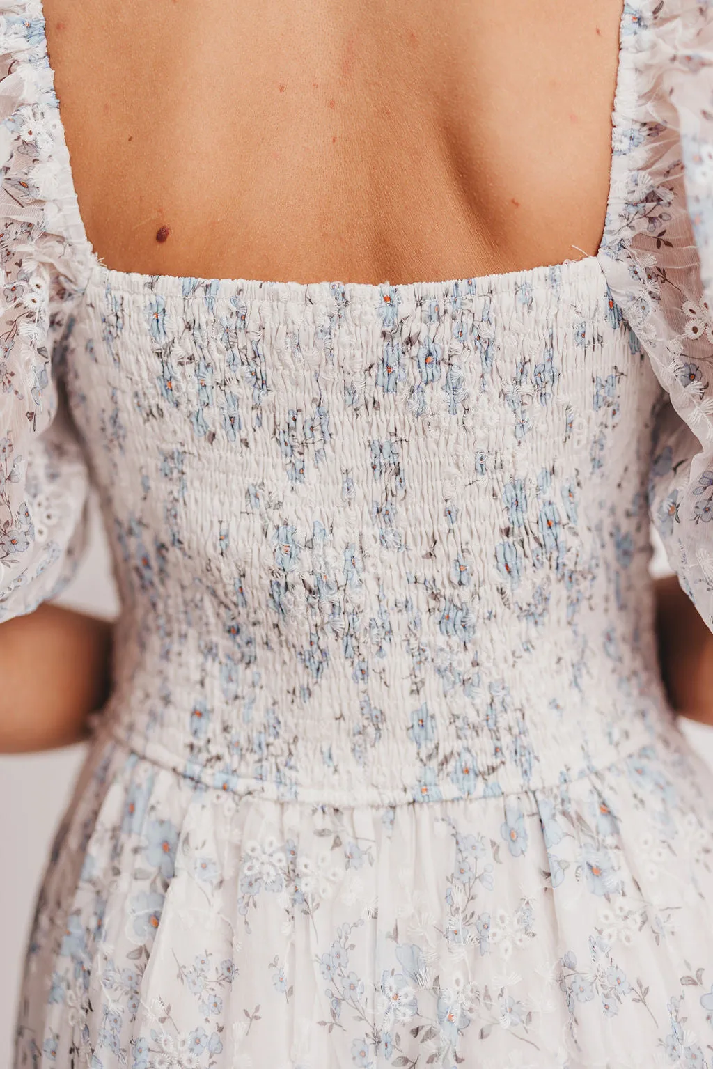 Daphne High Slit Eyelet Detail Maxi Dress in Blue and White Floral - Inclusive Sizing sold by Worth Collective product image thumbnail 4