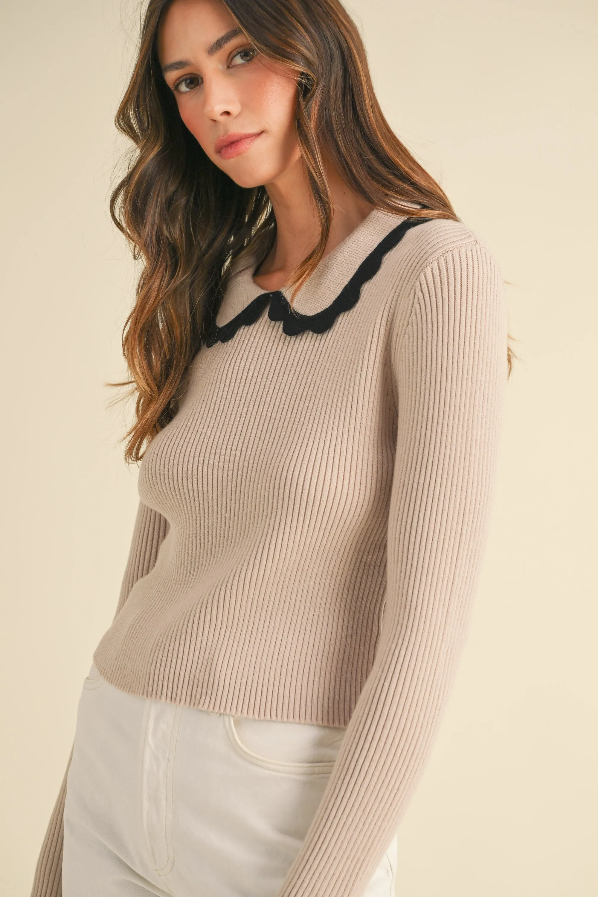 Frankie Scalloped Collar Sweater in Light Taupe sold by Worth Collective product image thumbnail 3