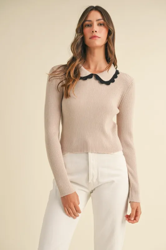 Frankie Scalloped Collar Sweater in Light Taupe sold by Worth Collective