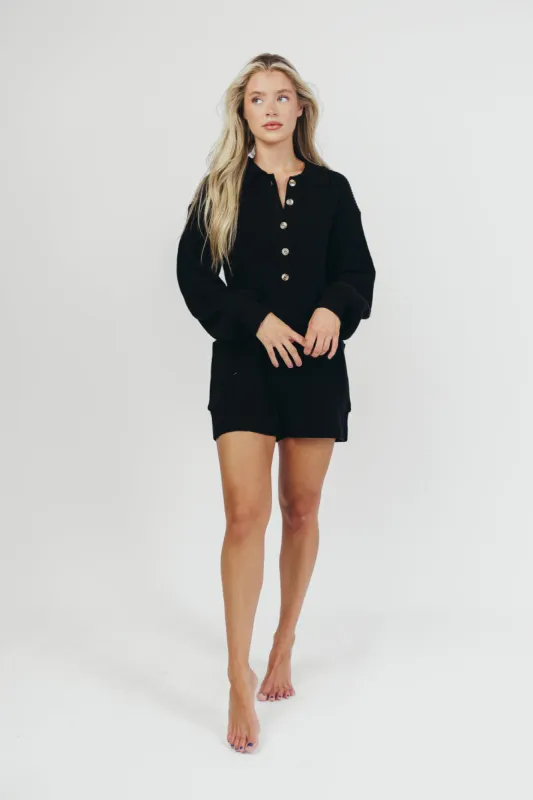 Steph Button Up Knit Sweater Romper with Long Sleeves in Black - Nursing Friendly sold by Worth Collective