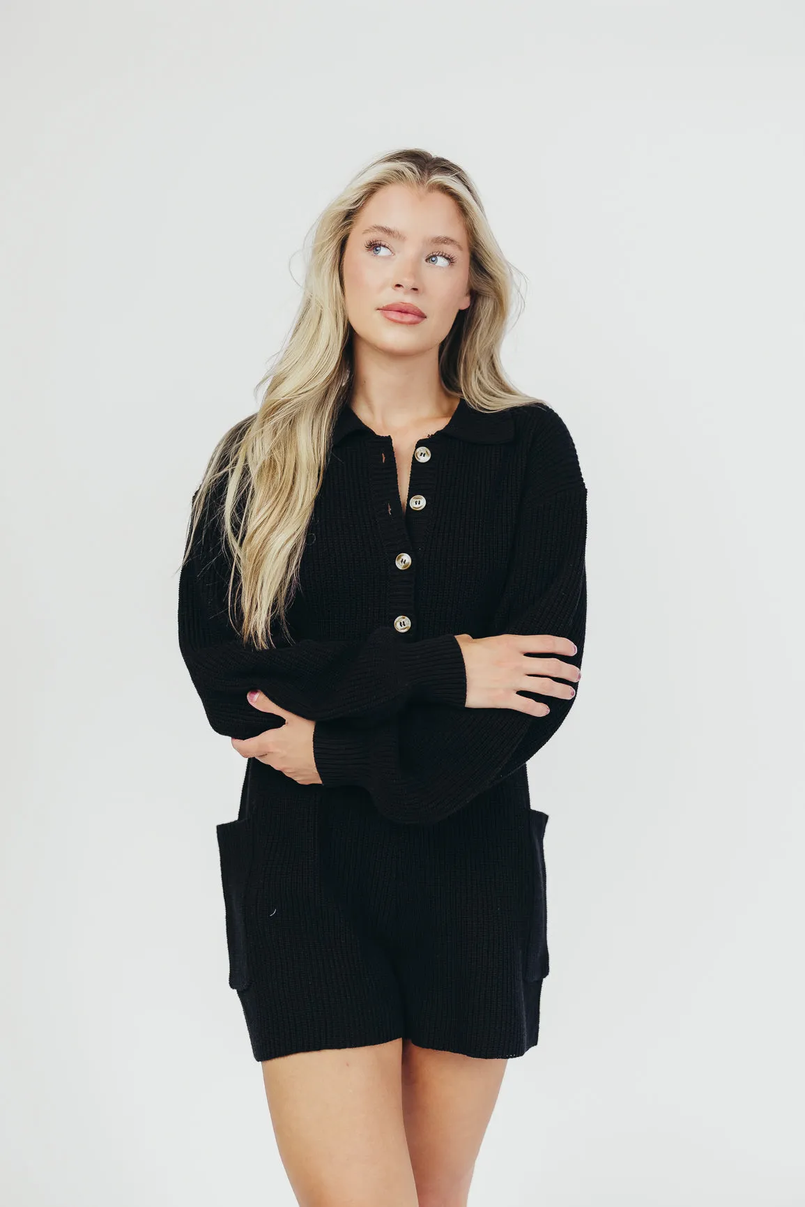 Steph Button Up Knit Sweater Romper with Long Sleeves in Black - Nursing Friendly sold by Worth Collective product image thumbnail 2