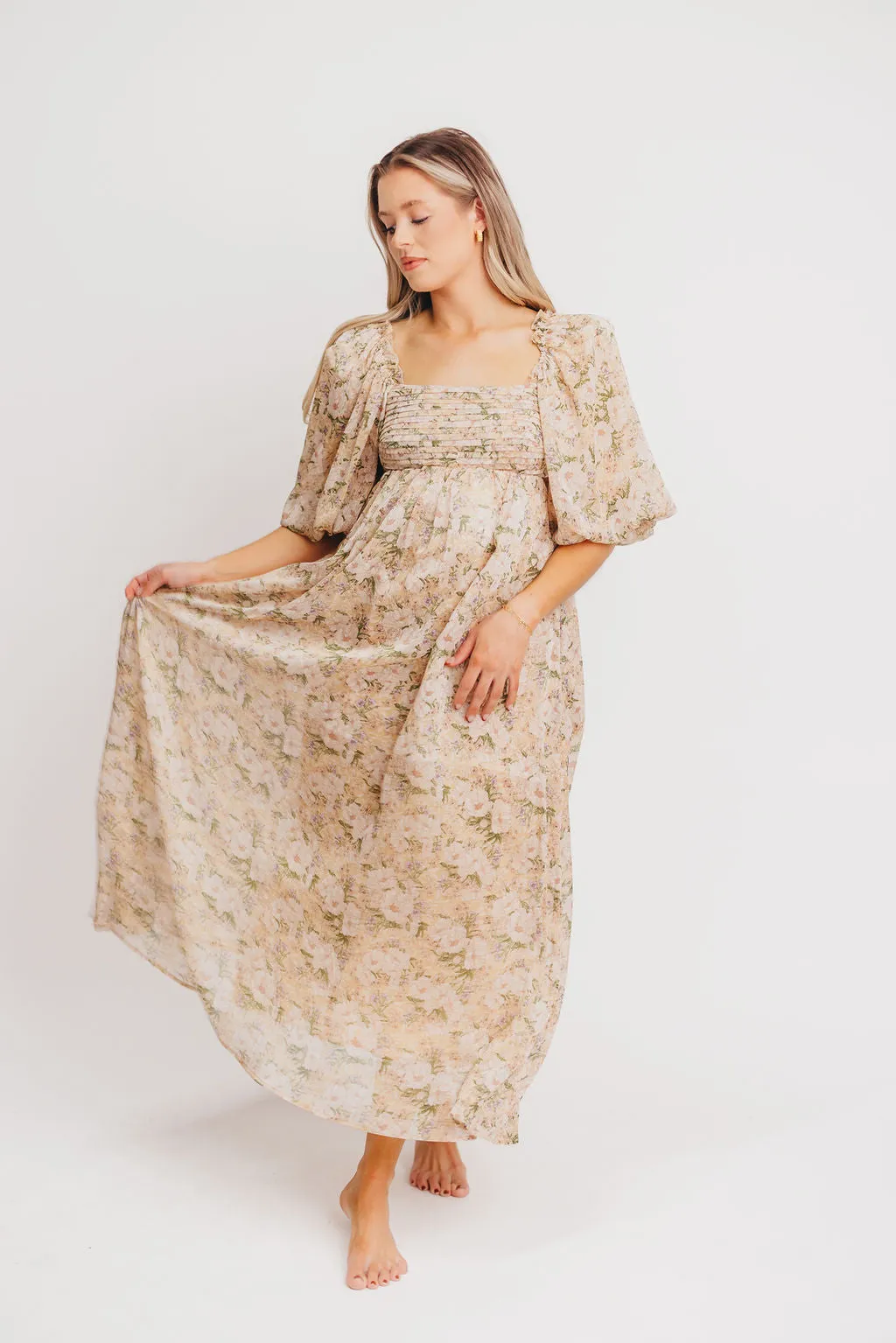 Melody Maxi Dress with Pleats and Bow Detail in Winter Floral - Bump Friendly & Inclusive Sizing (S-3XL) sold by Worth Collective product image thumbnail 2