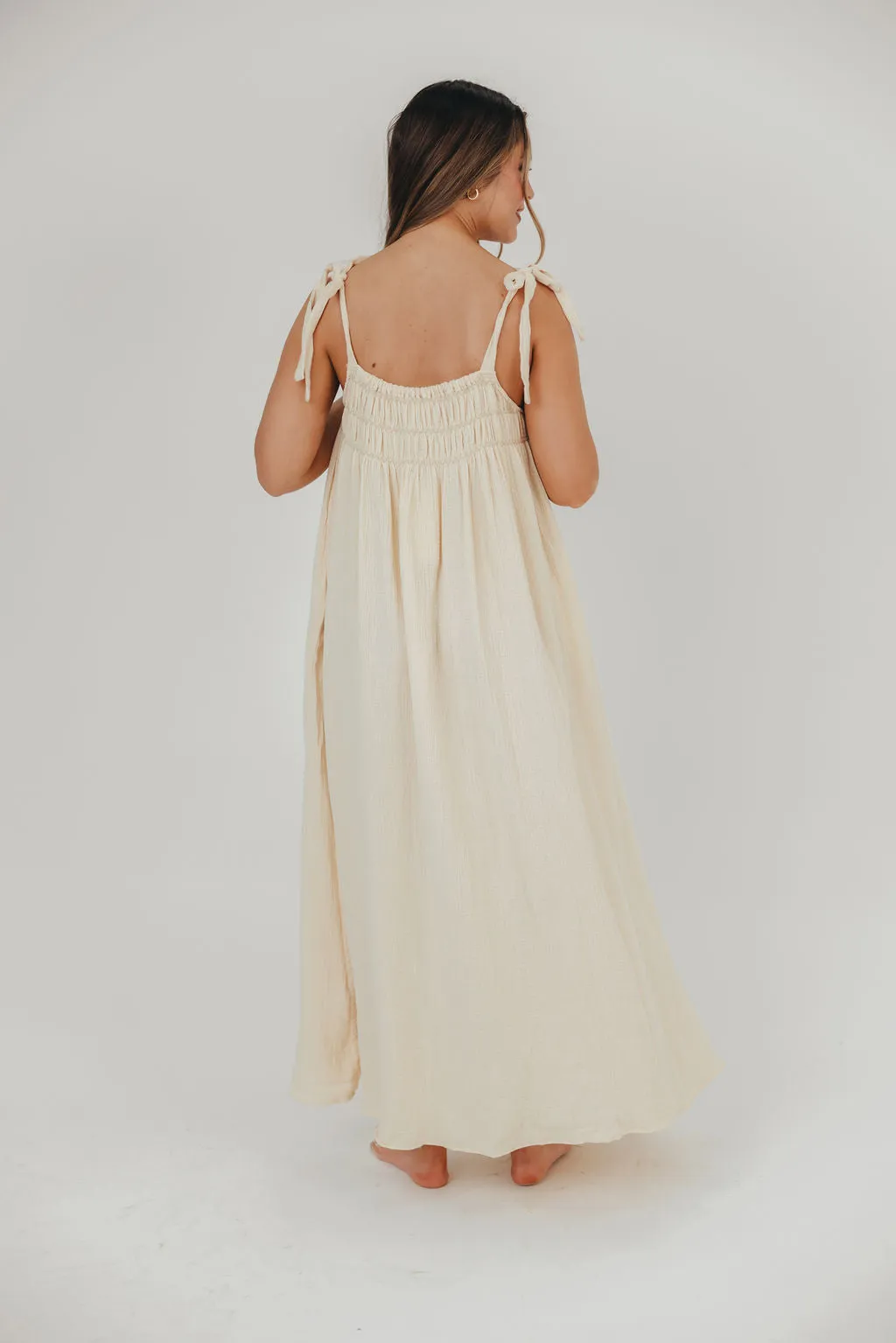 Almeria Smocked Maxi Dress with Self-Tie Straps in Natural