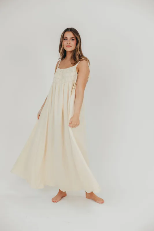 Almeria Smocked Maxi Dress with Self-Tie Straps in Natural - Bump Friendly sold by Worth Collective