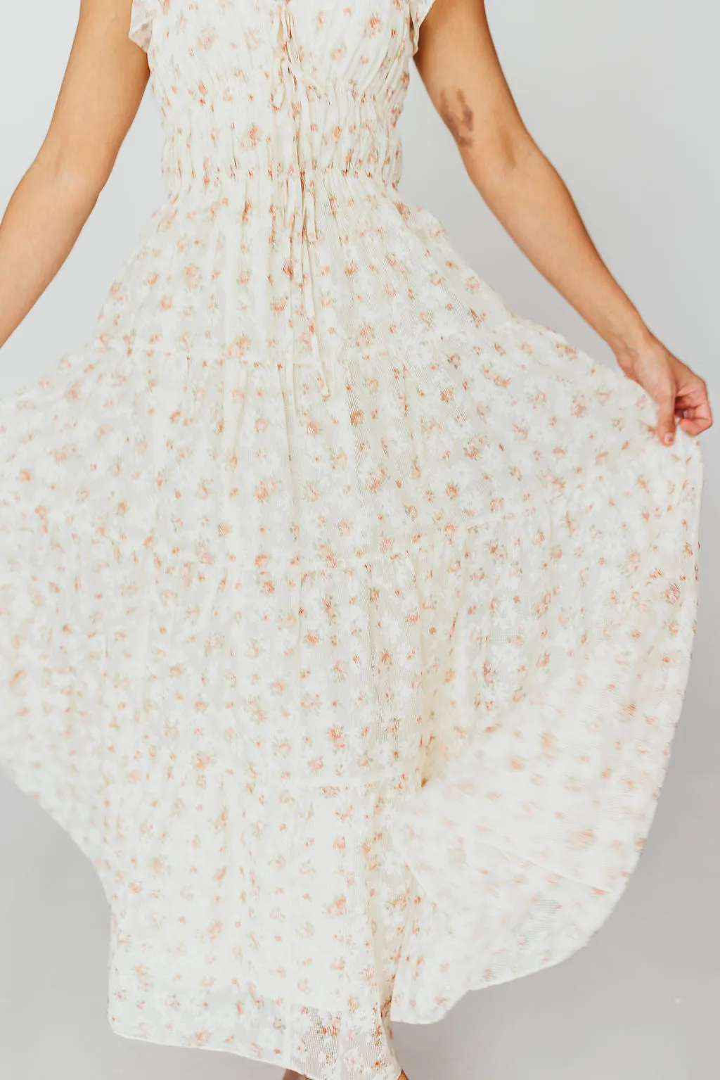 Charming Floral & Gingham Ruffled Maxi Dress in Cream/Peach Floral sold by Worth Collective product image thumbnail 4