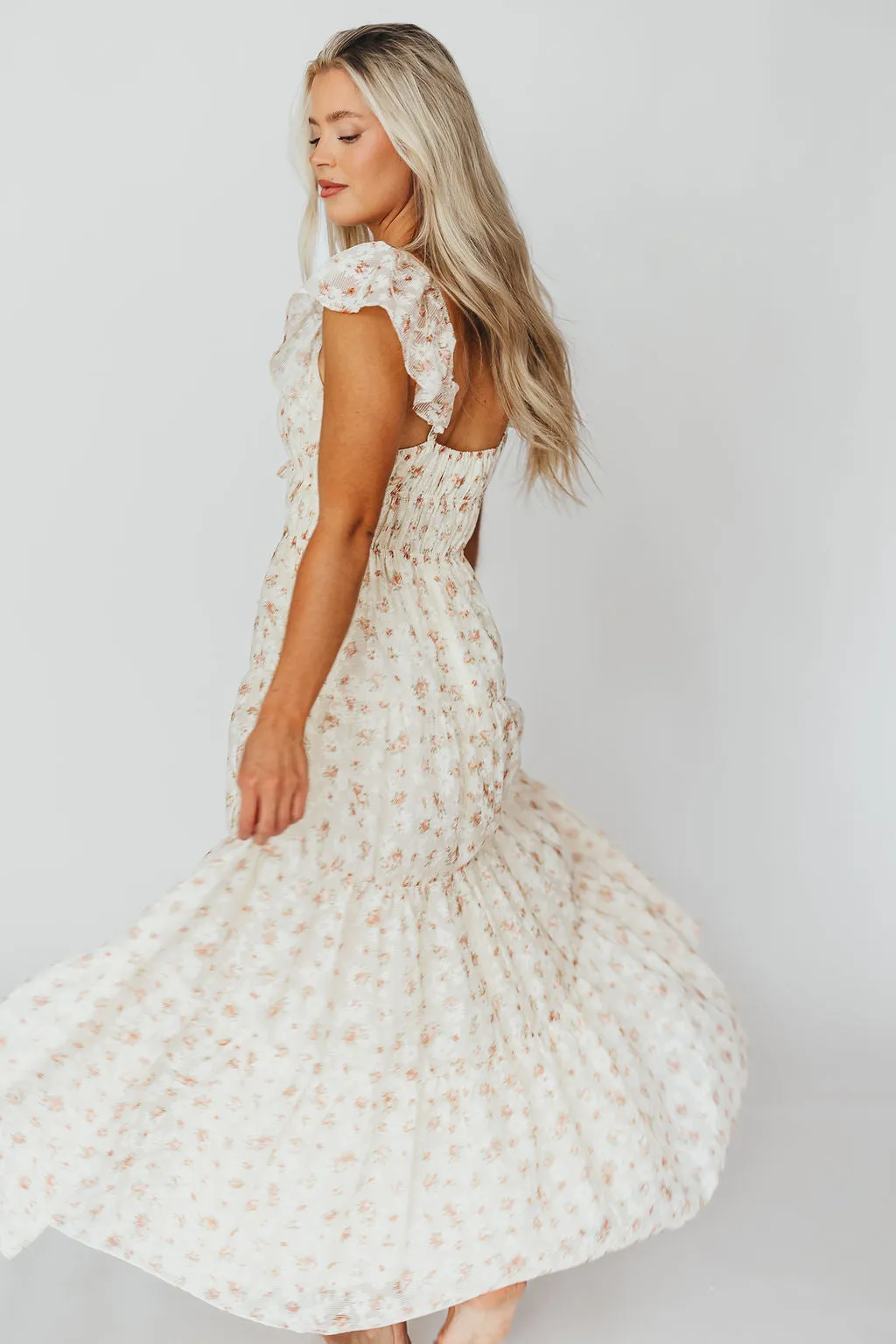 Charming Floral & Gingham Ruffled Maxi Dress in Cream/Peach Floral sold by Worth Collective product image thumbnail 5