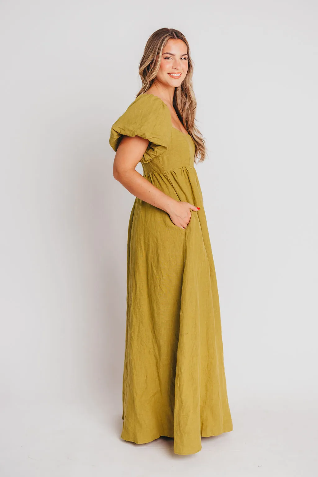 Candace Maxi Dress in Olive - 100% Linen - Bump Friendly sold by Worth Collective product image thumbnail 5