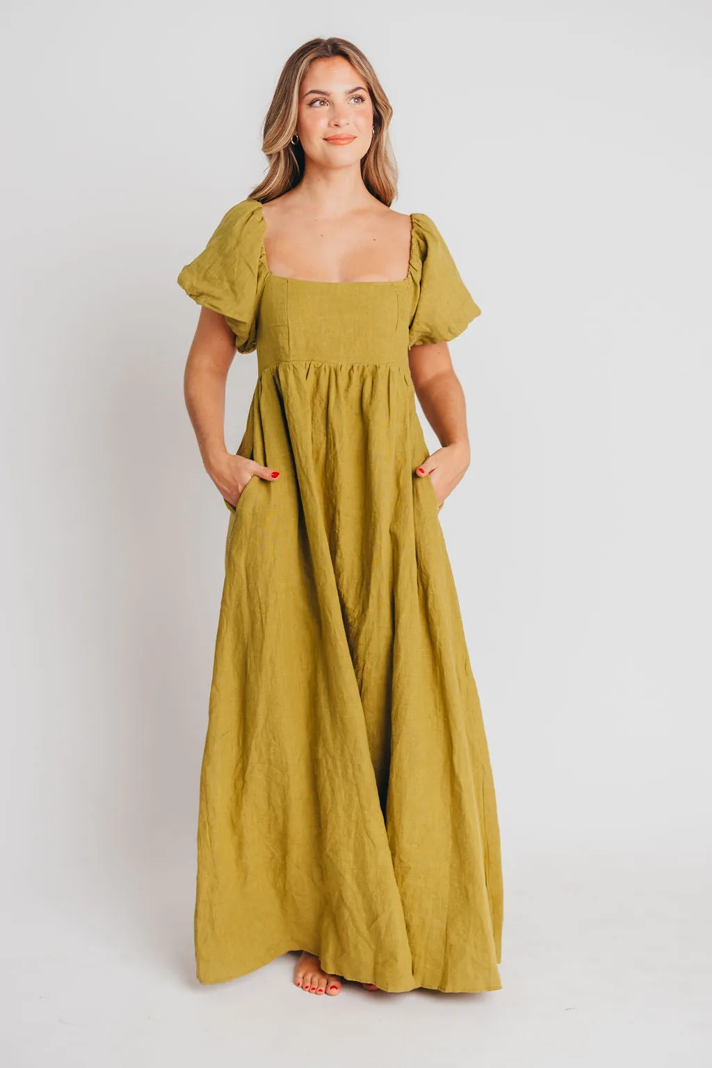 Candace Maxi Dress in Olive - 100% Linen - Bump Friendly sold by Worth Collective
