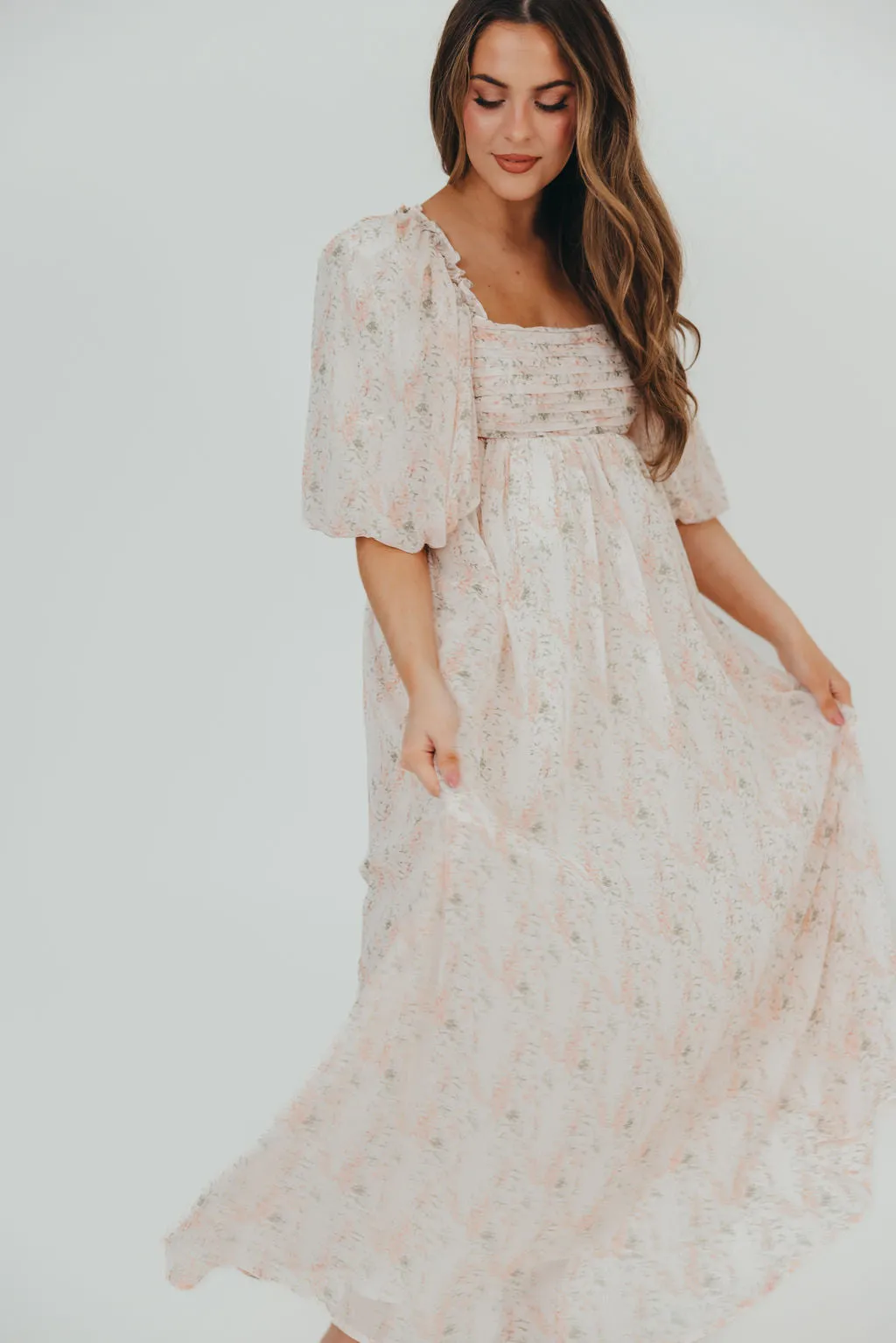 Melody Maxi Dress with Pleats and Bow Detail in Blush Floral - Bump Friendly & Inclusive Sizing (S-3XL) sold by Worth Collective