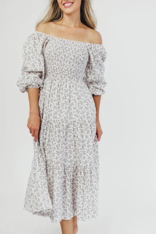 Taylor Cotton Smocked Midi Dress with Tiered Skirt in Off-White (XS-XL) sold by Worth Collective