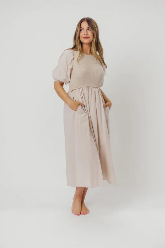 Ellis Mixed Media Midi Dress in Natural sold by Worth Collective