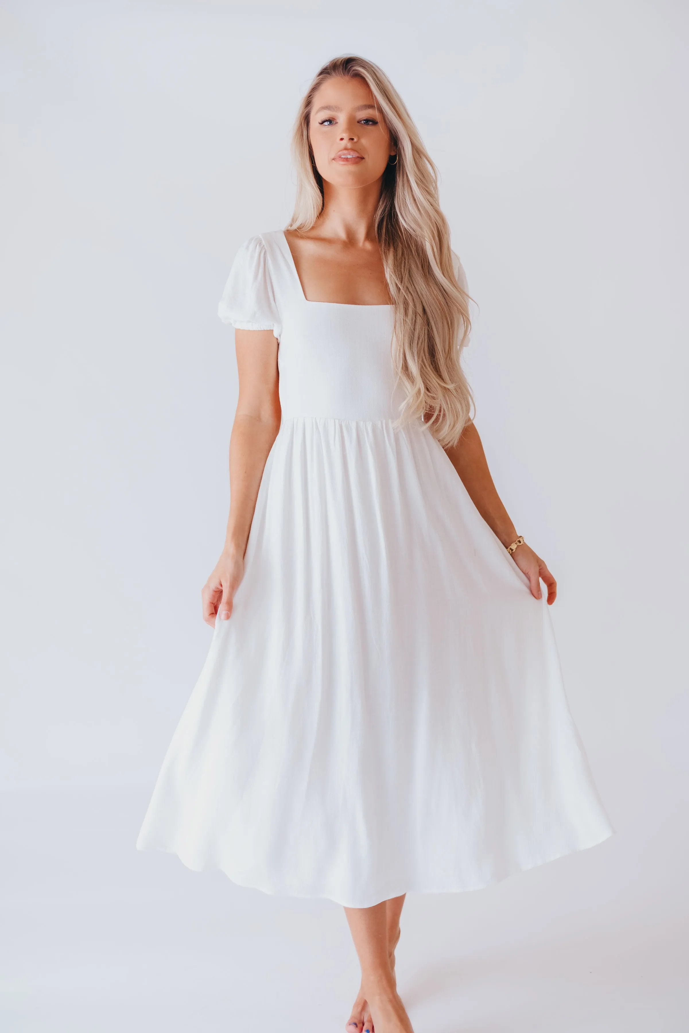 August Open Back Midi Dress in White - Bump Friendly sold by Worth Collective