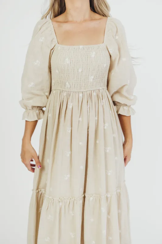 Naomi 3/4 Sleeve Embroidered Maxi Dress in Light Sage - Bump Friendly *Low Stock* sold by Worth Collective