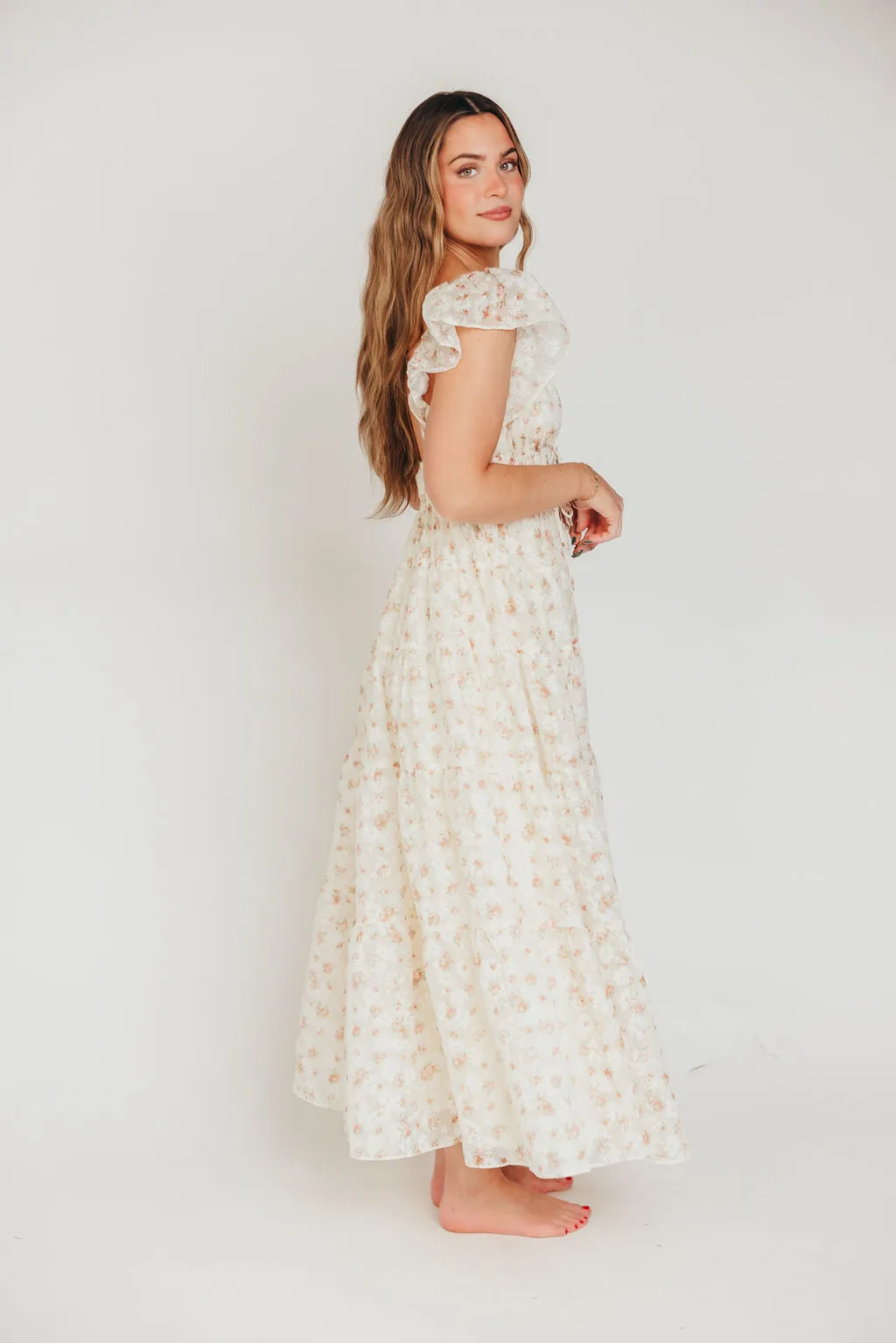 Enchanted Floral & Gingham Ruffled Maxi Dress in Cream/Peach sold by Worth Collective product image thumbnail 4