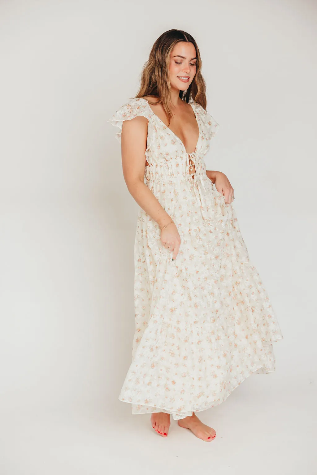 Enchanted Floral & Gingham Ruffled Maxi Dress in Cream/Peach sold by Worth Collective product image thumbnail 3