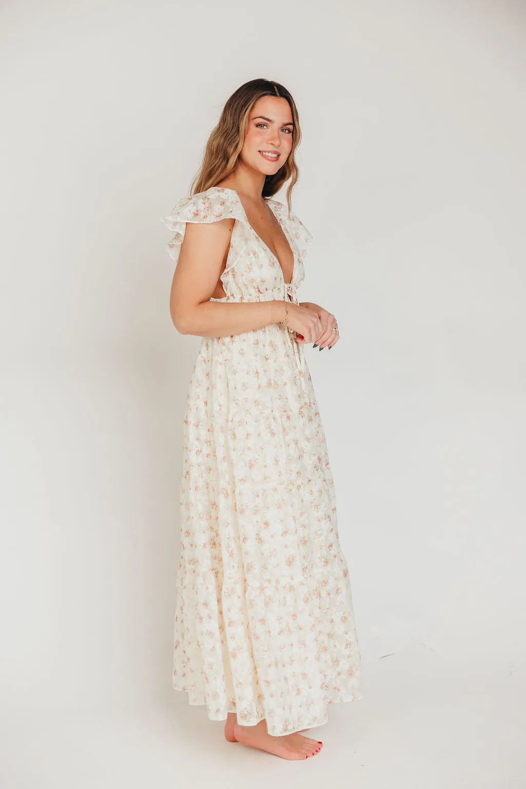 Enchanted Floral & Gingham Ruffled Maxi Dress in Cream/Peach sold by Worth Collective product image thumbnail 5