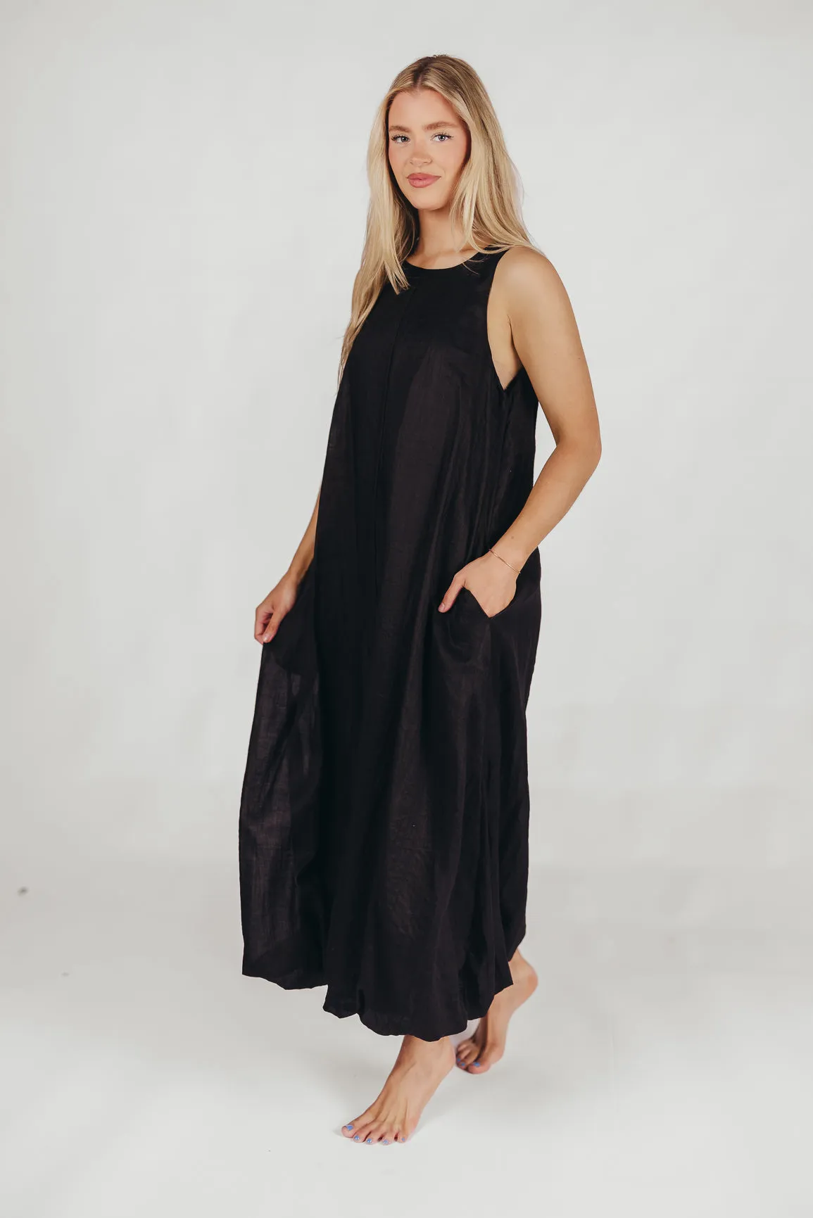 Charlie Linen-Blend Tank Maxi Dress with Pockets in Black sold by Worth Collective product image thumbnail 5