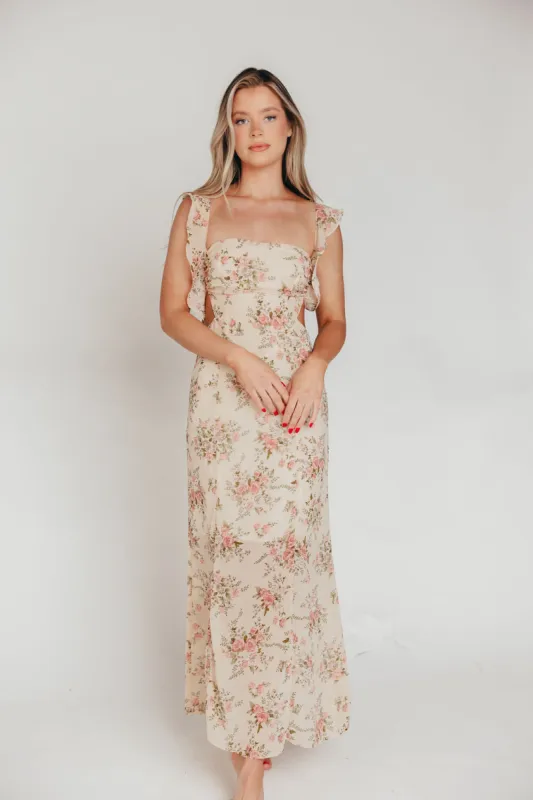 Beloved Flutter Sleeve Maxi Dress in Blush Pink Floral sold by Worth Collective