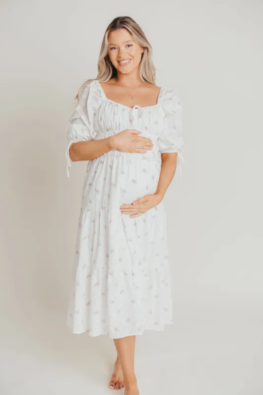 Positano Puffed Sleeve Midi Dress in White Floral - Bump Friendly sold by Worth Collective