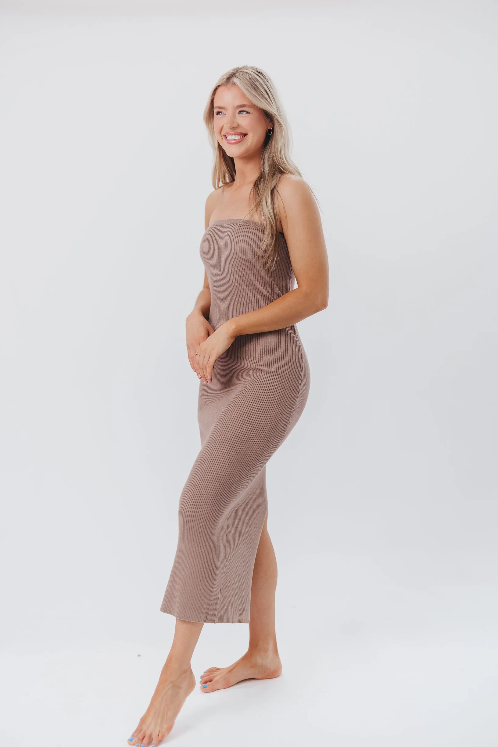Courtney Ribbed Knit Strapless Maxi Dress in Mocha sold by Worth Collective product image thumbnail 5