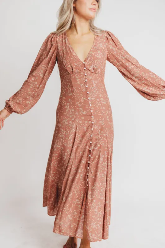 Brandi Long-Sleeve Button-Up Maxi Dress in Rosewood Floral sold by Worth Collective