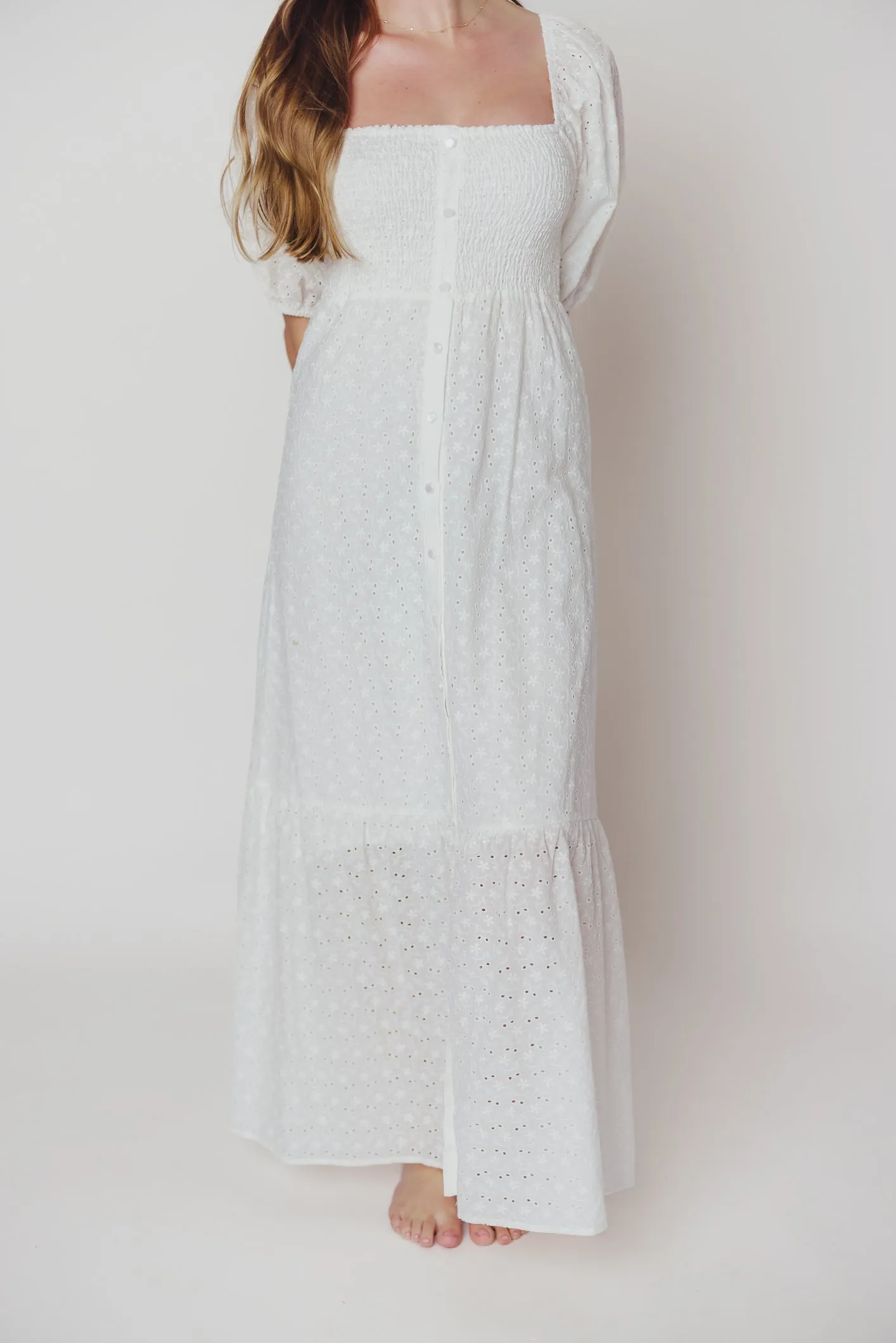 Whitney 100% Cotton Eyelet Maxi Dress in White - Nursing Friendly sold by Worth Collective product image thumbnail 5