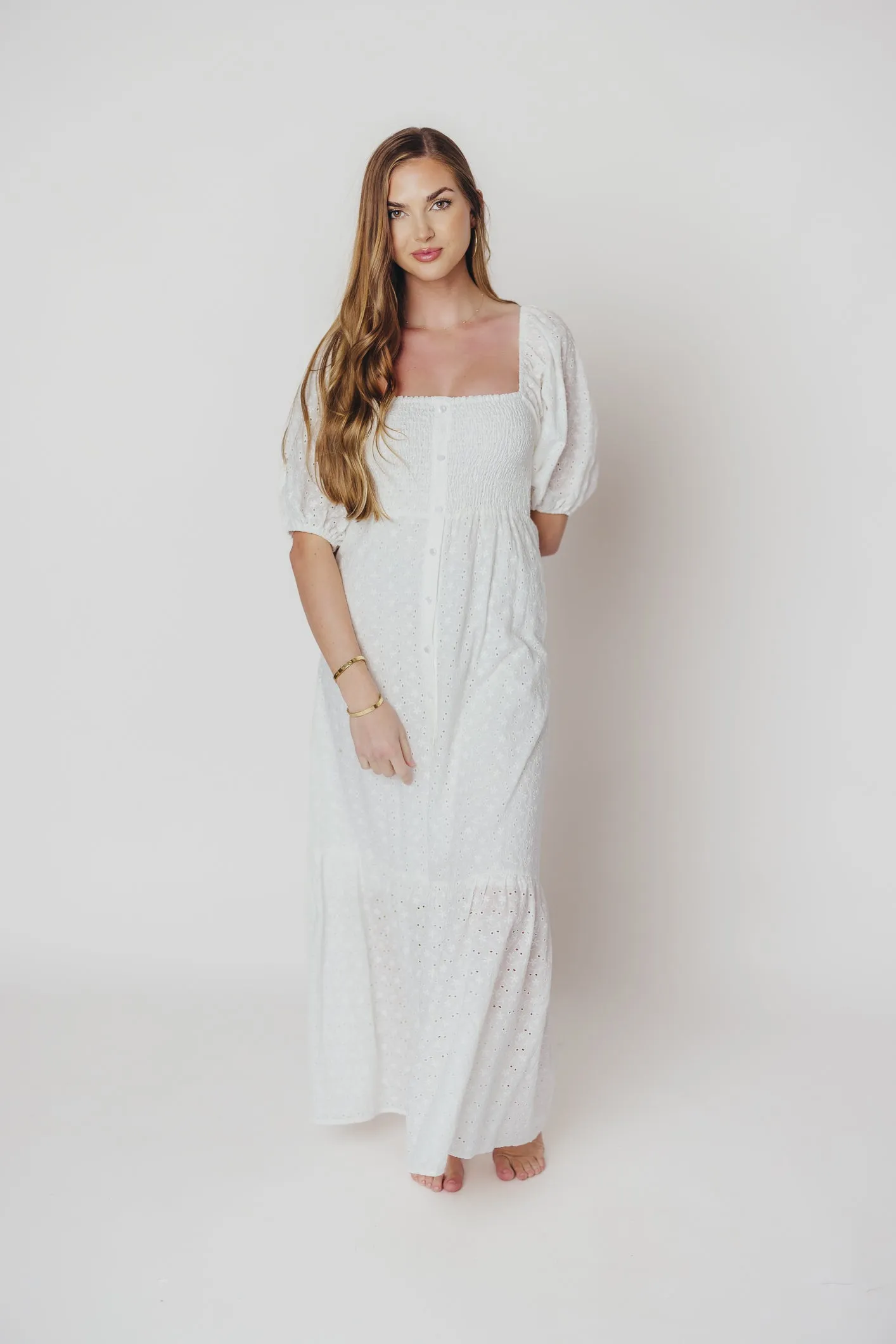 Whitney 100% Cotton Eyelet Maxi Dress in White - Nursing Friendly sold by Worth Collective product image thumbnail 3