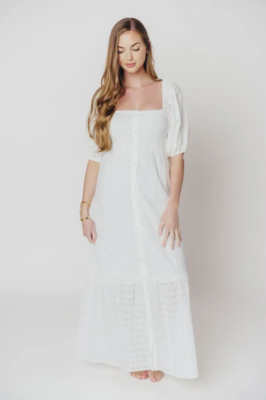 Whitney 100% Cotton Eyelet Maxi Dress in White - Nursing Friendly sold by Worth Collective