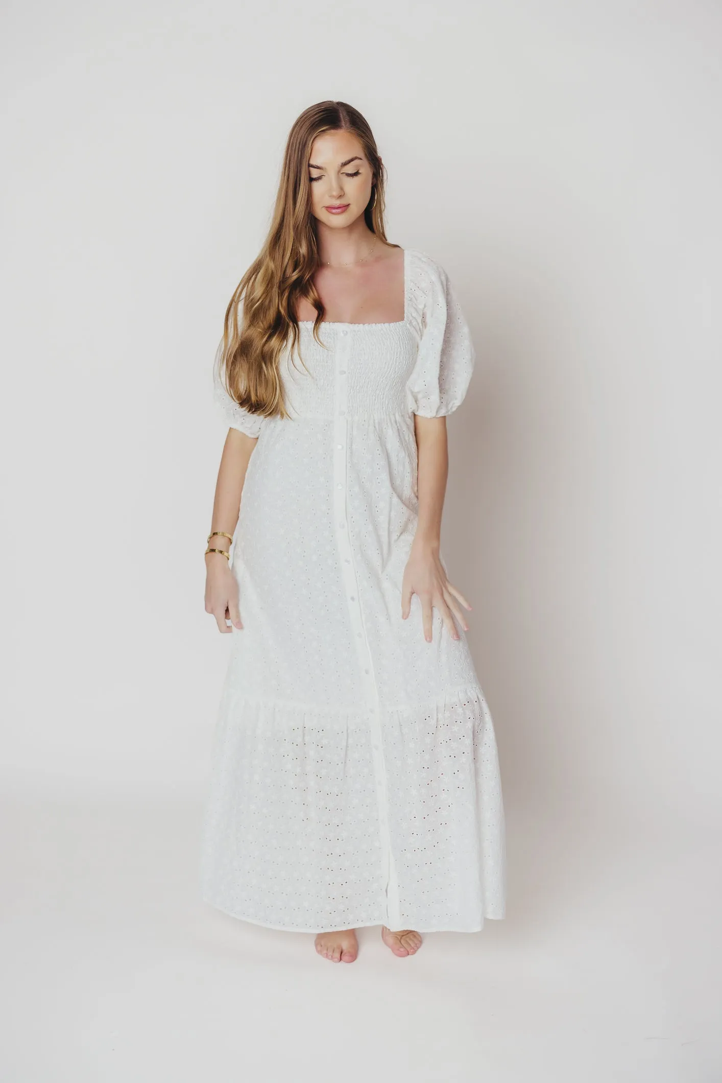 Whitney 100% Cotton Eyelet Maxi Dress in White - Nursing Friendly sold by Worth Collective product image thumbnail 2
