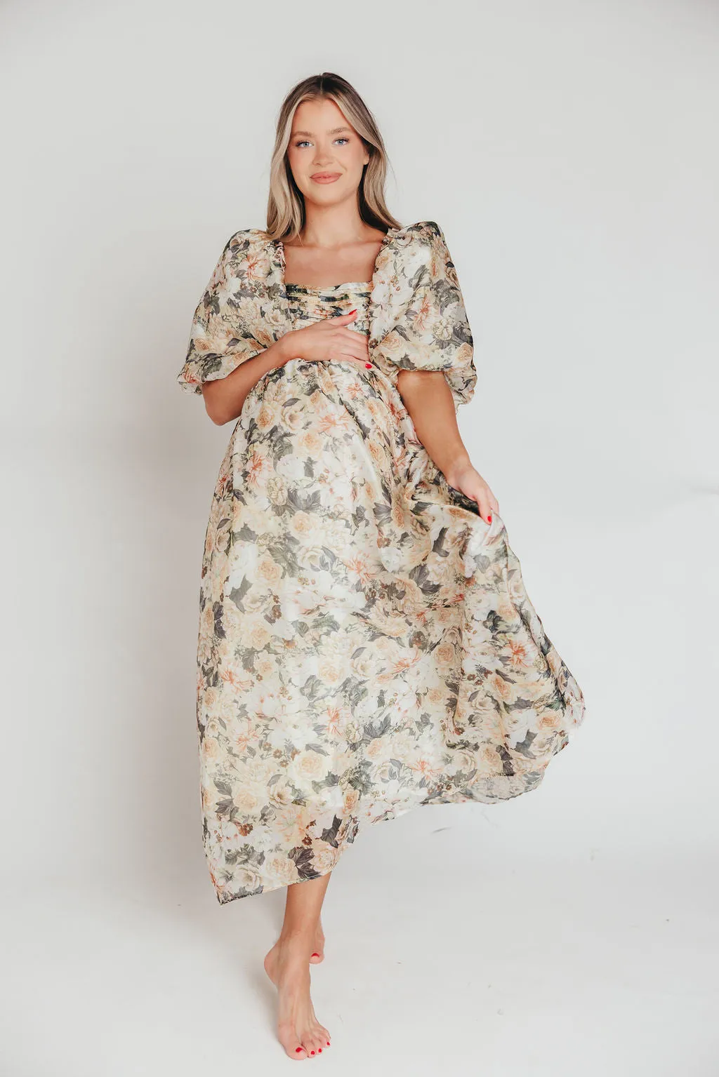 Melody Maxi Dress with Pleats and Bow Detail in Champagne Floral - Bump Friendly & Inclusive Sizing (S-3XL) sold by Worth Collective product image thumbnail 2