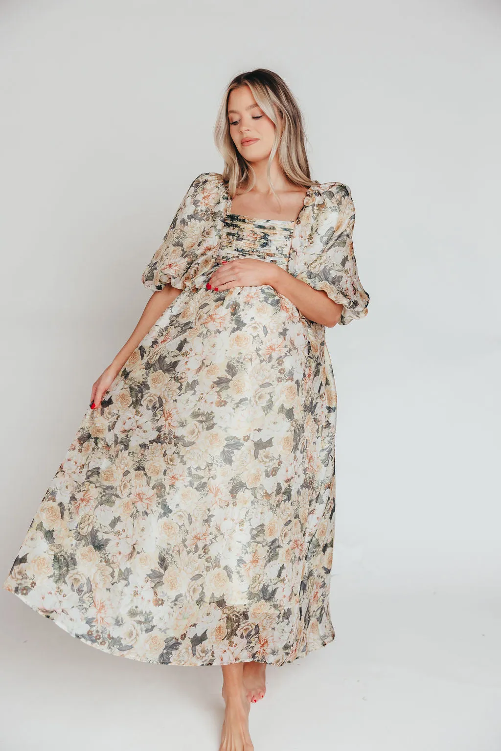 Melody Maxi Dress with Pleats and Bow Detail in Champagne Floral - Bump Friendly & Inclusive Sizing (S-3XL) sold by Worth Collective product image thumbnail 5