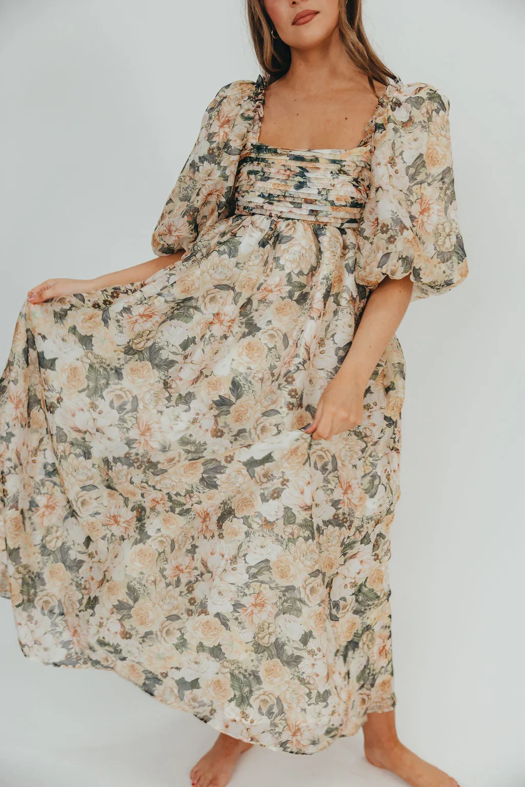 Melody Maxi Dress with Pleats and Bow Detail in Champagne Floral - Bump Friendly & Inclusive Sizing (S-3XL) sold by Worth Collective