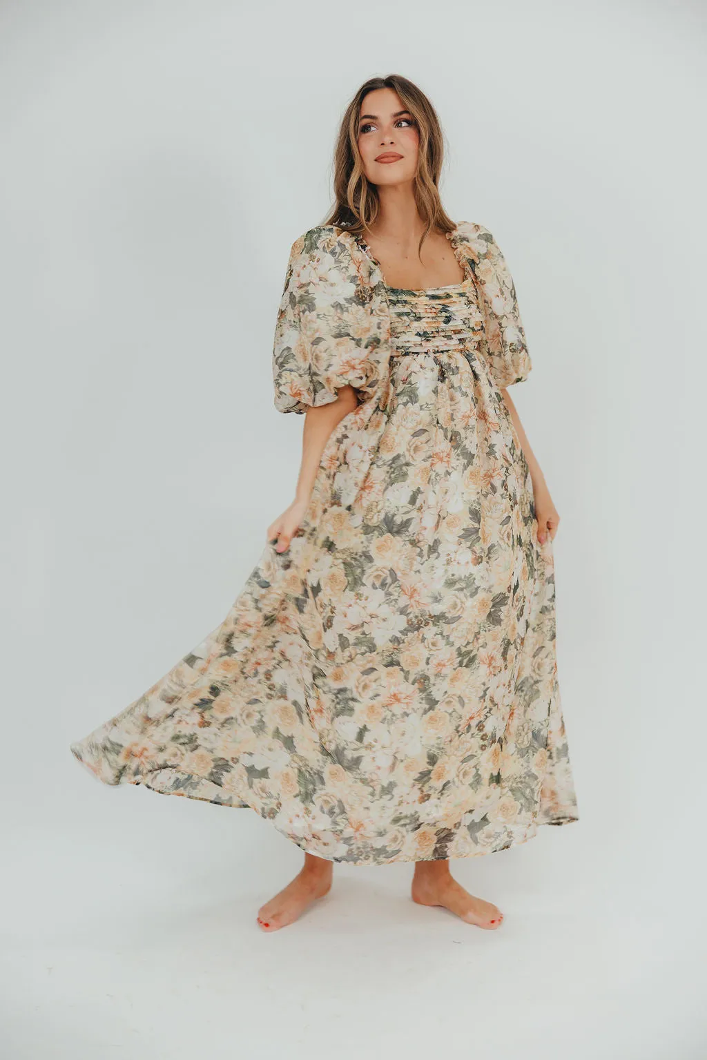 Melody Maxi Dress with Pleats and Bow Detail in Champagne Floral - Bump Friendly & Inclusive Sizing (S-3XL) sold by Worth Collective product image thumbnail 4