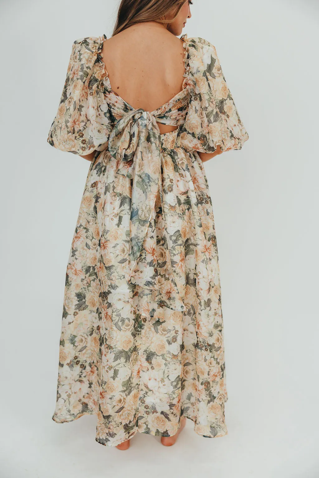 Melody Maxi Dress with Pleats and Bow Detail in Champagne Floral - Bump Friendly & Inclusive Sizing (S-3XL) sold by Worth Collective product image thumbnail 3