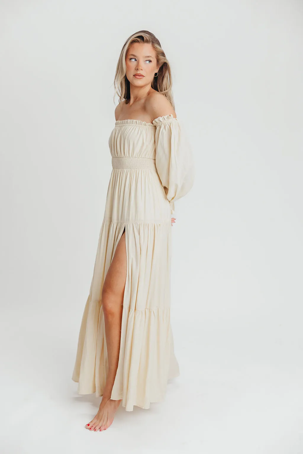 Harper Cru Long Sleeve Off-Shoulder Maxi Dress in Cream (S-XL) sold by Worth Collective product image thumbnail 2