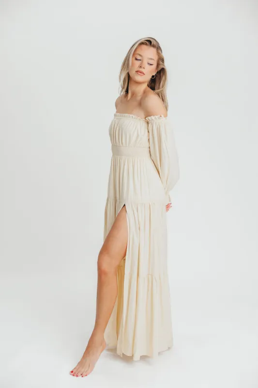 Harper Cru Long Sleeve Off-Shoulder Maxi Dress in Cream (S-XL) sold by Worth Collective